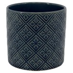 Granatowa osłonka na doniczkę walec 13 szkliwiona Polnix Vintage kwiatki